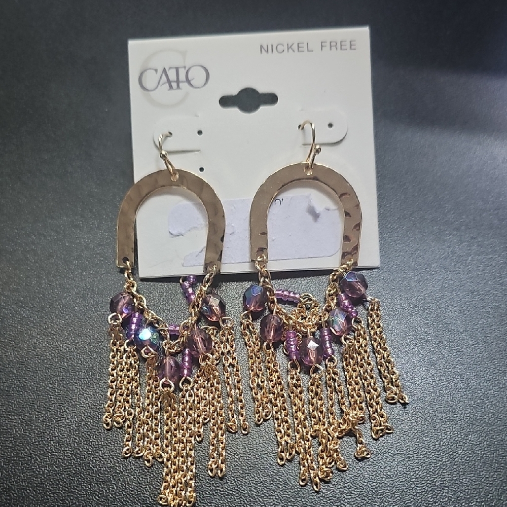 Cato Gold-Tone Hammered Arch Earrings with Purple Beads